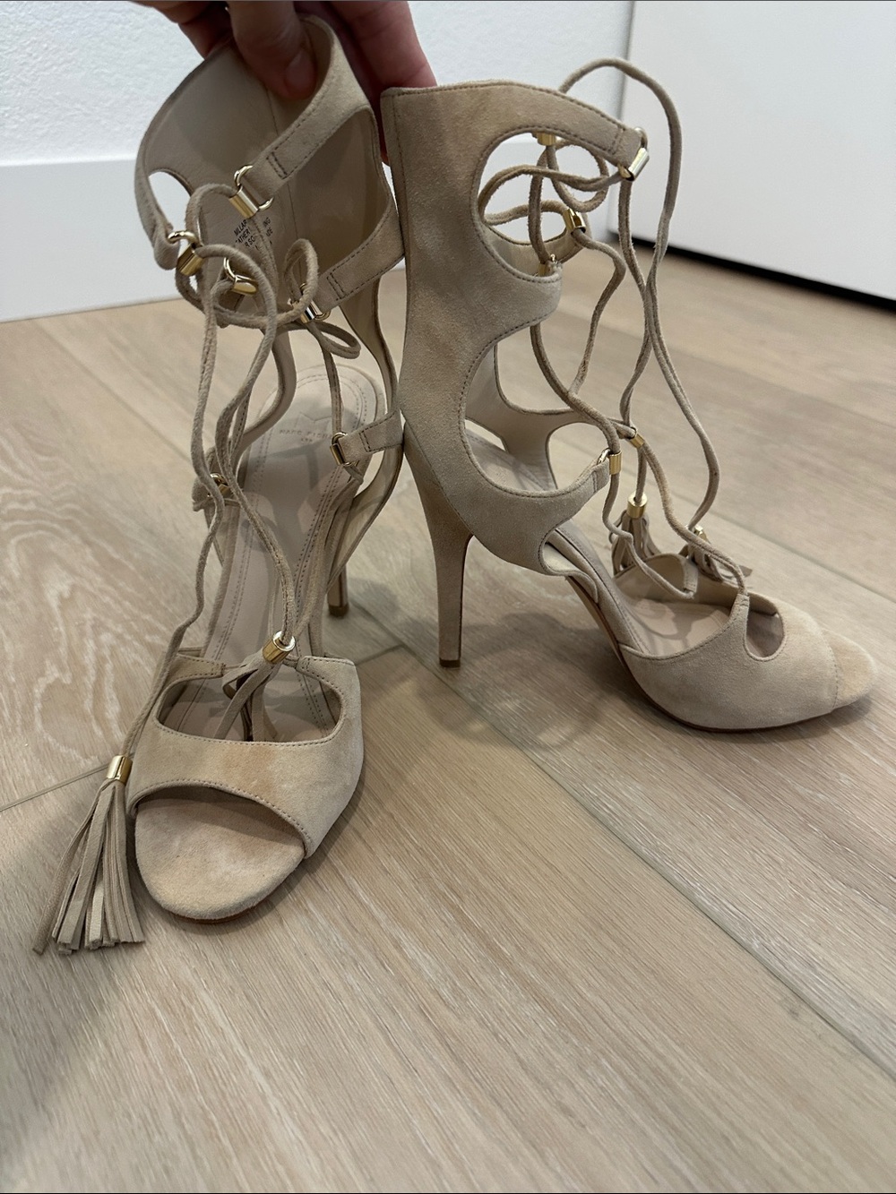 Marc Fisher Beige Suede Lace-Up Stiletto Heels